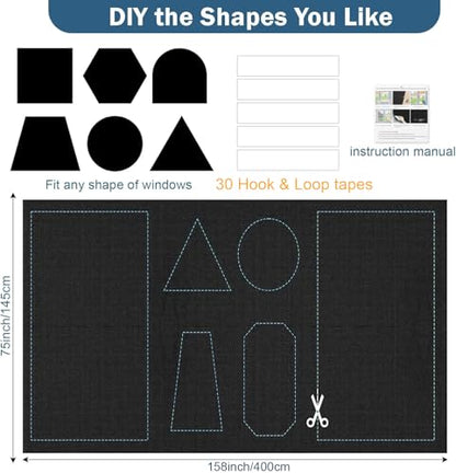 100% Blackout Window Cover,157" x 57" Portable Ttravel Blackout Shades for Window, No Drill Temporary Cuttable Blackout Curtains for Bedroom, RV, Nursery,Media Room,420D Fabric, 30 Loop Tapes - size: 157"W x 57"H