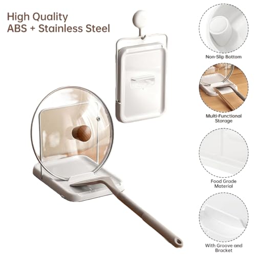 Pot Lid Holder, Lid and Spoon Rest Holder for Kitchen Counter, Foldable Pan Lid Organizer Stand with Nonslip Pads Multifunctional Utensils