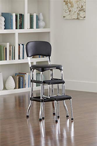 COSCO Retro Plastic & Vinyl Upholstered Stylair Retro Counter Height Chair with Step Stool, Comfortable Cushioned Seat and Back, in Black & Chrome Finish - color: Black