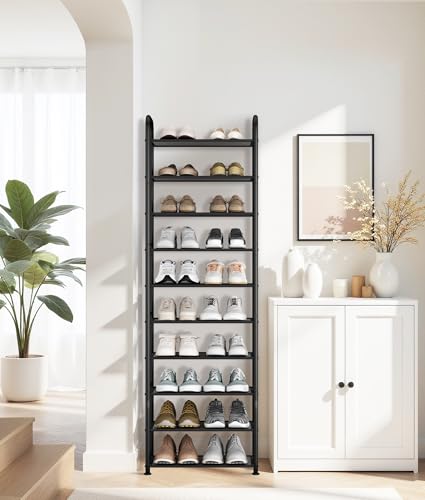 STORAGE MANIAC 10-Tier Tall Shoe Rack, 20 Pairs Narrow Slim Shoe Shelf, Metal Frame Shoes Stand for Small Space, Space-Saving Shoes Organizer, Vertical Shoes Tower for Garage, Entryway, Closet, Dorm