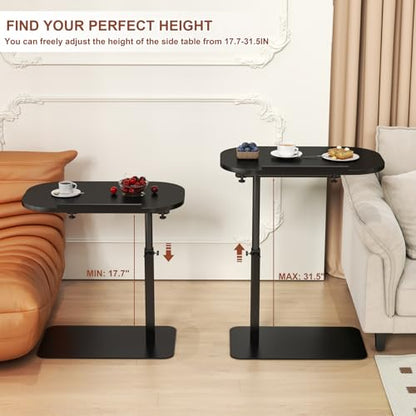 Solid Wood C Shaped Side Table for Sofa/Bed, Adjustable Height C Shaped End Table Metal Base, 360°Swivel/Flip Top Couch Tables That Slide Under, Small Spaces Laptop Stand Coffee Table (Black) - color: Black