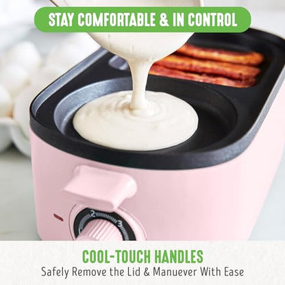 GreenLife 3-in-1 Breakfast Maker Station, Healthy Ceramic Nonstick Dual Griddles for Eggs Meat Sausage Bacon Pancakes and Breakfast Sandwiches, 2 Slice Toast Drawer, Easy-to-use Timer, Pink - color: Pink