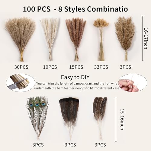 Bpole Dried Pampas Grass Decor - 100Pcs16-17 inch Pampas Grass Bouquet with Natural Feathers Boho Flowers Arrangement for Vase,Home Wedding Party Centerpiece and Rustic Farmhouse Decor - size: 16-17inch 100PCS