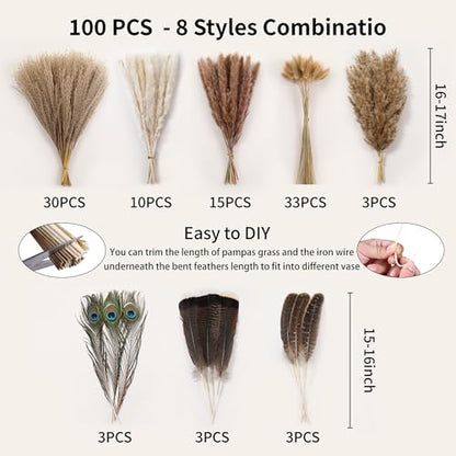 Bpole Dried Pampas Grass Decor - 100Pcs16-17 inch Pampas Grass Bouquet with Natural Feathers Boho Flowers Arrangement for Vase,Home Wedding Party Centerpiece and Rustic Farmhouse Decor - size: 16-17inch 100PCS