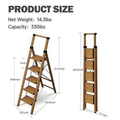 5 Step Step Ladder,Lightweight Folding Step Stool with Anti-Slip Aluminum Wide Pedal&Convenient Handgrip,Steel Ladder for Household and Office(Woodgrain) - color: Woodgrain, size: 5 Step