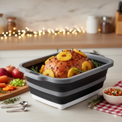 Collapsible Large (8L) BBQ Marinating Tub w/ Cutting Board | Multipurpose Food-Grade TPE Prep Tub w/ Lid | Built-In Colander & Drain Plug - For Camping | Tailgate | Picnic - Slate Black - size: Large