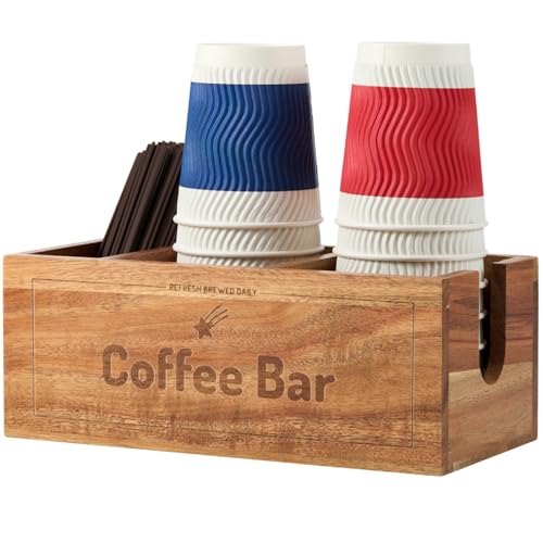 Coffee Station Organizer for Countertop - Acacia Wood Cup Holder & Condiment Caddy Multi-Compartment Tray for Pods, Cups Lids, Stirrers & Coffee Bar Accessories, Vintage Farmhouse Decor - color: Acacia Wood