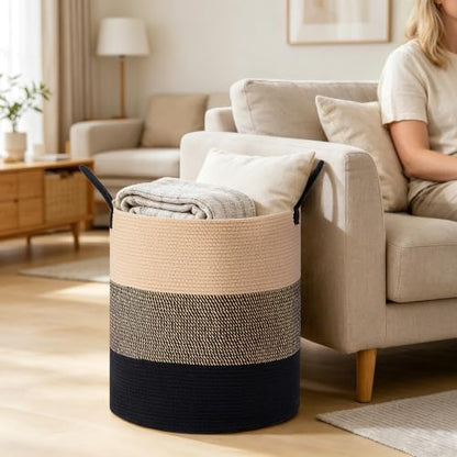 72L Large Tall Cotton Rope Laundry Basket with Handles, Brown & Black - color: Brown & Black, size: 72L