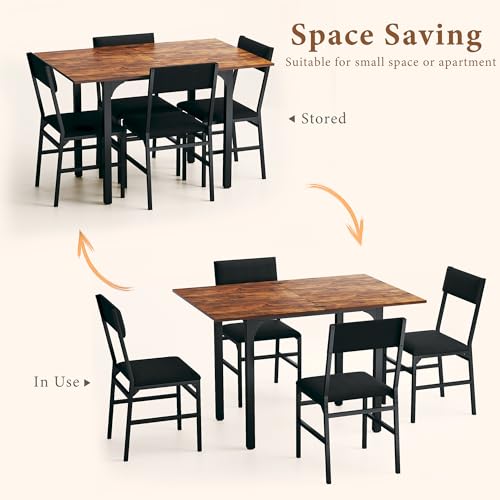 HUAHUU Dining Table Set for 4, Extendable Kitchen Table Cushion Chairs Set of 4, Rectangle Dining Table with Metal Frame & MDF Board, Folding for Small Apartment Saving Space, Rustic Brown - color: Rustic