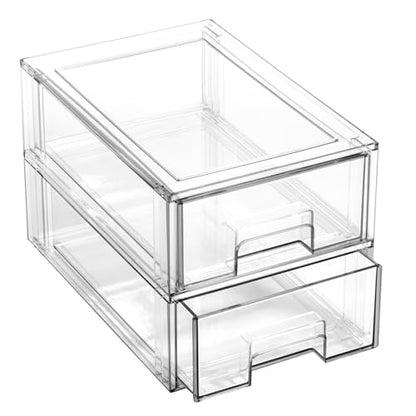 BINO | Stackable Storage Drawers, Small - 2 Pack, Clear | THE CRATE COLLECTION | Storage Bins With Drawers | Bathroom Organizers | Under Sink Organizer | Vanity Cabinet Home Organization - size: Small 2-Pack