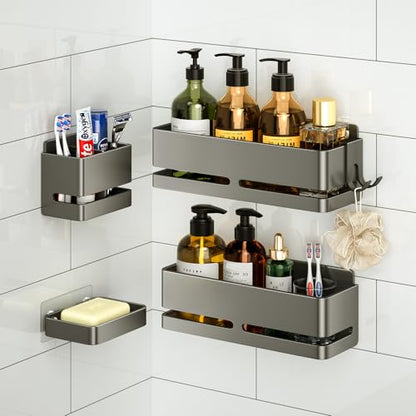 Bathroom Shower Caddy (5-piece Set Storage Rack), wall-Mounted Shelf with soap Dish and Toothbrush Holder, no Drilling Required, Ideal for Bathroom Storage and Also Suitable for Kitchen (Grey) - size: Grey-5-piece set