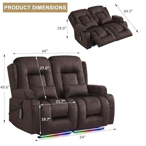URRED Power Loveseat Recliner Sofa with Massage and Heat, Wall Hugger Reclining Loveseat, RV Couch Home Theater Seating with LED Lights for Living Room (Brown, 54" - 2 Seats) - color: Brown, size: 54" - 2 Seats