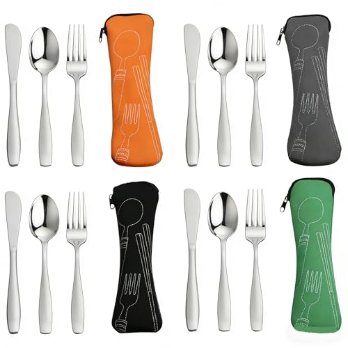 3-Piece Stainless Steel Picnic Cutlery, Portable Silverware Set for Work, Travel Utensil Set w/Case, 4-Pack