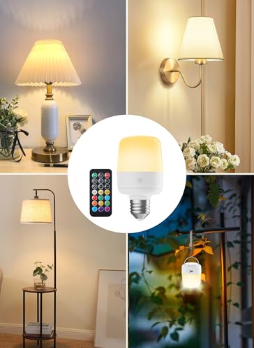 Minetom E26 Rechargeable Light Bulbs with Remote and Timer, Battery Backup Bulb with 12 Colors and Brightness Dimmable, 2300mAh 40W Equivalent LED Light Bulbs for Lamps Sconces Camping, 2 Pack - size: 2 Pack