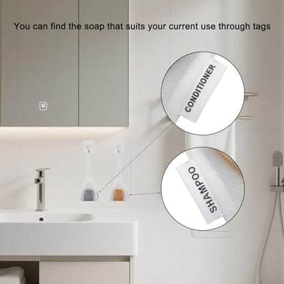 Shampoo Body Wash Conditioner Bag Compatible With Kitsch: Bar Soap Holder 3 Pcs for Shower Travel Soap Saver Bag Mesh Pouch with Labels for Shampoo Conditioner Bars Quick-Dry Eco-Friendly (3 white)