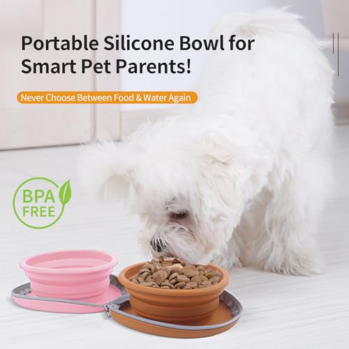 Collapsible Dog Bowls, 2-in-1 Pet Portable Travel Double Bowl Water Food Feeder Traveling Camping & Walking 25oz Brown Pink - color: Brown pink
