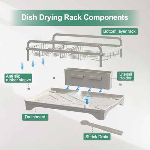 Dish Drying Rack,Dish Racks for Kitchen Counter,Metal Dish Drainer with Adjustable Drainage Spout,Removable Knife and Fork Holder (Grey) - color: 1 Tier - Grey