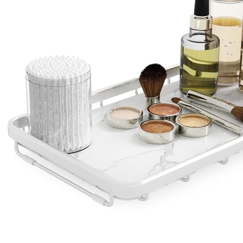 Counter Organizer for Bathroom, Kitchen or Coffee Bar, Metal Shelf with Faux Marble, Vanity Countertop Makeup Storage, Dresser Perfume Display Rack, Toilet Tank Tray (Matte Silver, 1-tier) - color: Matte Silver, size: 1-tier