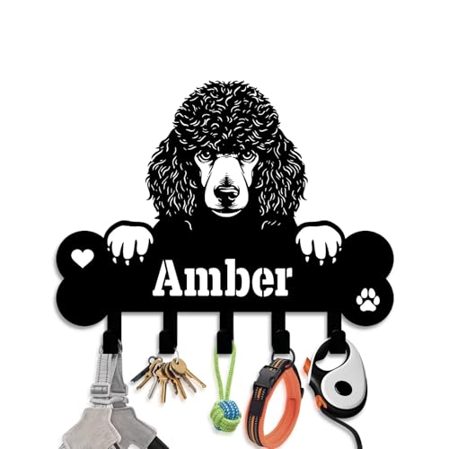 NIWAHO Dog Leash Holder for Wall Personalized - Poodle Custom Metal Sign with Bone Key Hooks, Entryway Mudroom Organizer Rack, Pet Room Decor - color: Poodle