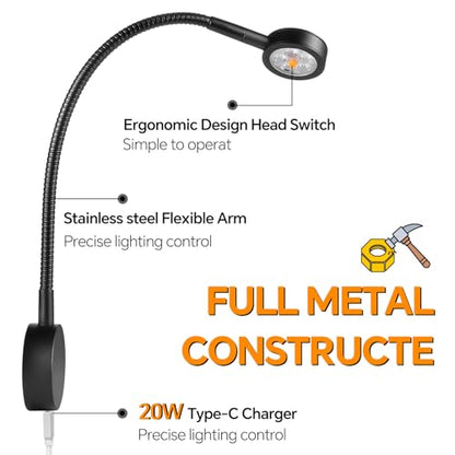 Dimmable RV Reading Light, Aluminum 12V LED Reading Light with USB-C Charger, Red Nightlight & Flexible Gooseneck & Convenient Head Switch, Designed for Camper Van Boat DC12-24V (Black)
