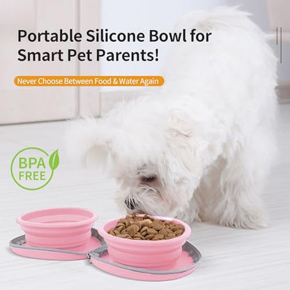 Collapsible Dog Bowls, 2-in-1 Pet Portable Travel Double Bowl Water Food Feeder Traveling Camping & Walking 25oz Pink - color: Pink