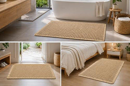 Waffle Bath Mat Non Slip Washable, Boho Bath Rug, Soft Absorbent Quick Dry Bath Mat for Shower Floor, Textured Waffle Weave Shower Rug, Farmhouse Bathmat Decor, 18x30 Inch
