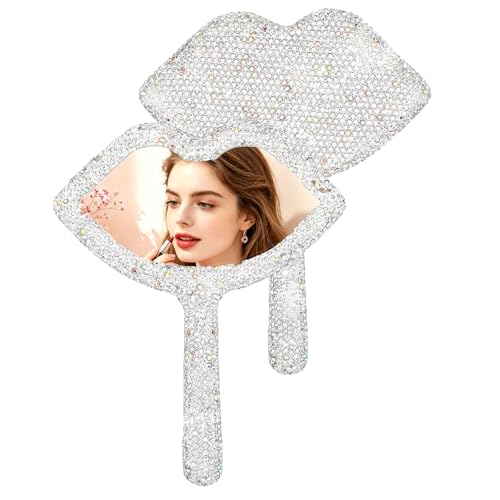 Large Rhinestone Handheld Mirror Heart Bling Glitter Cosmetic Dazzling Portable Hand Mirrors with Handle for Women Wedding Silver White (Lip-White) - color: Lip-white