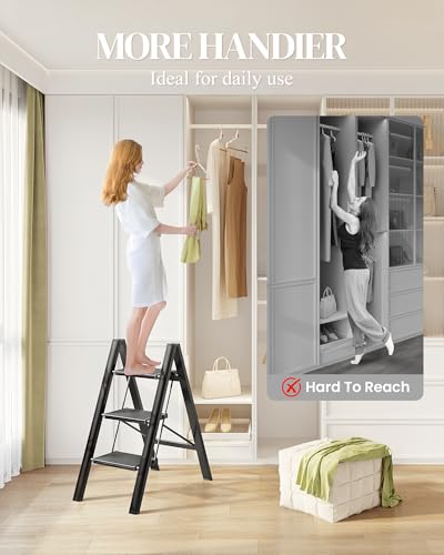 3 Step Ladder, Folding Step Stool with Wider Pedal, Anti-Slip Feet & Non Slip Stripes, Aluminum Sturdy Material, 300Lbs Capacity, Elegant Look of Piano Black Better Matches Your Home - color: Black, size: 3 Step