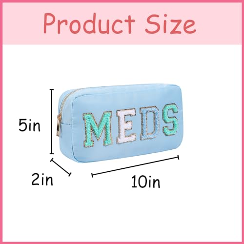 Chenille Letter Patch Nylon Medicine Packages,Cute MEDS Travel Makeup Bag with Metal Zipper, First Aid Purse Organizer Cosmetic Bag for Women and Girls(02Light Blue) - color: 02Light Blue