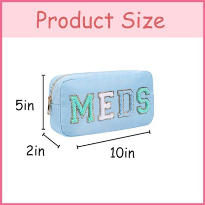 Chenille Letter Patch Nylon Medicine Packages,Cute MEDS Travel Makeup Bag with Metal Zipper, First Aid Purse Organizer Cosmetic Bag for Women and Girls(02Light Blue) - color: 02Light Blue