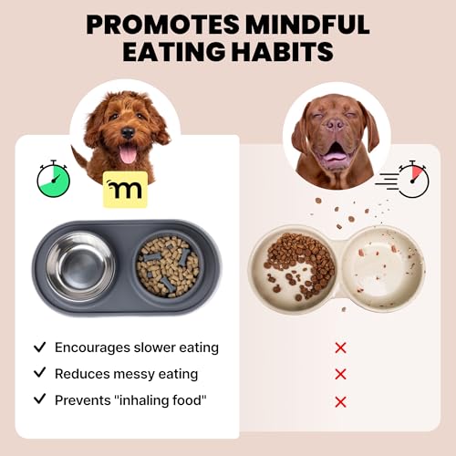 MalsiPree Puppy Slow Feeder & Water Bowl Set - 2-in-1, Gray | 2-in-1 silicone mat with 2 steel bowls - Use for puppies, slow feeding, adoption gifts & training