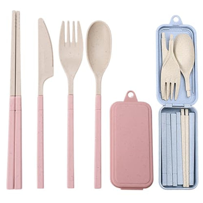 Ouliget Collapsible Reusable Utensils Set with Portable Case,Wheat Straw Utensils Include Spoon Knife Forks Chopsticks,Portable Cutlery for Travel Picnic Camping,2 Pieces