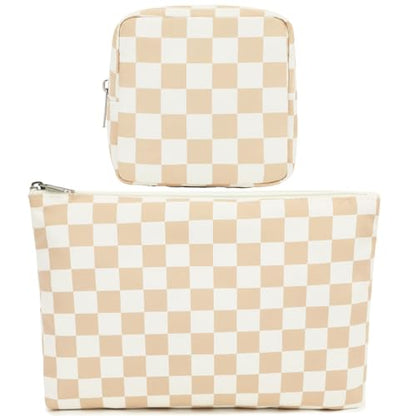 Fammart Checkered Makeup Bag, Travel Cosmetic Bag Organizer Toiletry Bag Make Up Bags with Zipper & Compartments for Women Girls, 2PCS - color: Checkered, 2PCS - Khaki