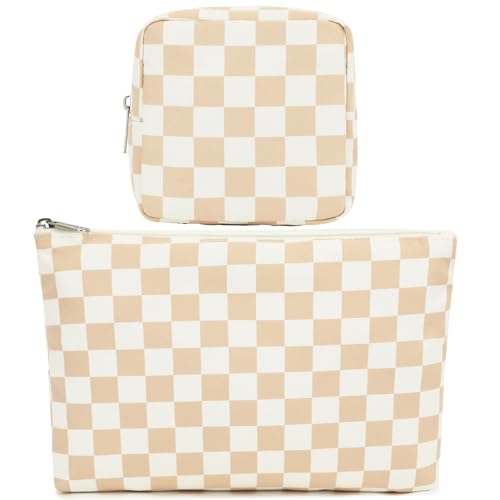 Fammart Checkered Makeup Bag, Travel Cosmetic Bag Organizer Toiletry Bag Make Up Bags with Zipper & Compartments for Women Girls, 2PCS - color: Checkered, 2PCS - Khaki