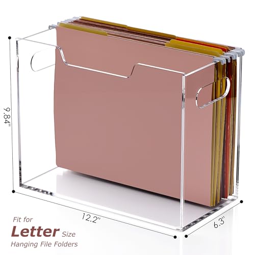 DINGHUO Hanging File Organizer, Acrylic File Holder with Handles, No Assembly Required, Clear File Crate Storage Box for Desk Office, Fits Standard Letter Size 8.5"x11" Folders - size: XL Letter