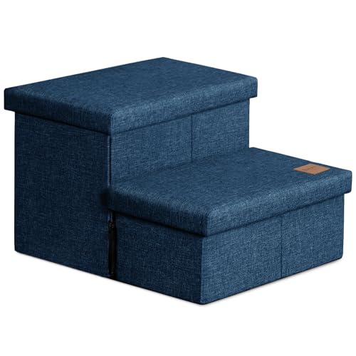 Love's cabin Dog Stairs with Storage 13" H, Foldable Pet Stairs for Small Medium or Large Dogs, Cat Puppy Steps Ramp with Zip up to 150 lbs, Navy Blue, 2 Steps - color: Navy Blue, size: 19" X 17" X 13" H