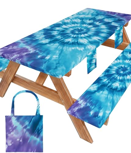 Fitted Picnic Table Cover with Bench Covers Vinyl Waterproof Elastic Edges Fitted Rectangle Table Cloth Patio Tablecloth Camping Gear Essentials Rv Accessories Road Trip Supplies Car Travel Must Have - color: Blue Purple Tie-dye, size: 96in