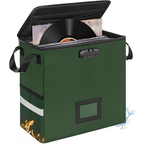 IBVIVIC Fireproof Vinyl Record Storage Box, Record Storage Organizer with Lock Fireproof Record Case for 50+ 7/10/12 Inch Single Vinyl Records Large Capacity File Storage Organizer,Green - color: Green