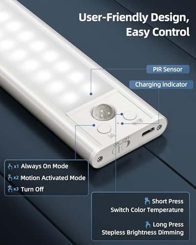 Under Cabinet Lights, Motion Sensor Light Indoor, Wireless Closet Lights, 3500mAh Rechargeable, Magnetic, 5 Levels Dimmable, Under Counter Lights for Kitchen (2 Pack) - size: 14.5inch