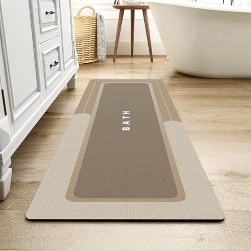 MontVoo-Bath Mat Rug Long Non Slip Super Absorbent Bathroom Runner Stain Resistant Quick Dry Thin Bathroom Mat Fit Under Door-17"x59",Beige - color: Beige, size: 17"x59"(runner)
