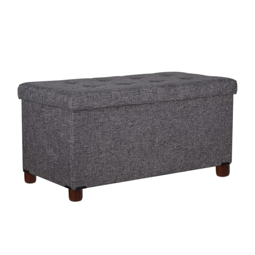 30 Inches Storage Ottoman Bench, Rect Grey, Modern, Classic Style, Linen Fabric, Walnut Wood Legs - color: Rect Grey
