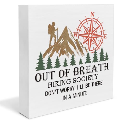 Hiking Gifts for Hiker Camper Climber Men Women, Out Of Breath Hiking Society Wooden Sign, Funny Desk Decor for Home Office - color: OUT