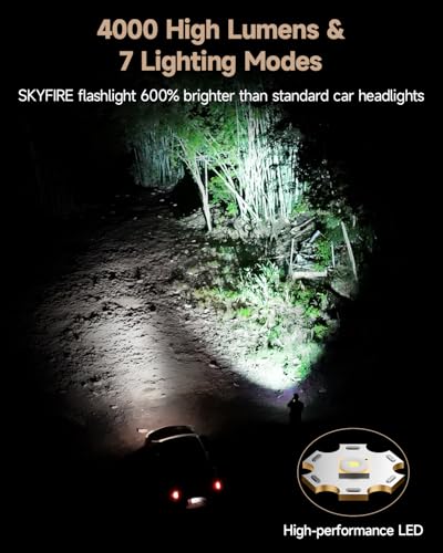 SKYFIRE 4000 Lumens Rechargeable Flashlight, Tactical LED Flashlight with Ignition Lens, USB-C Fast Charging, Zoomable 6 Modes & COB Side Light, IPX6 Waterproof for Camping Emergency Power Outage