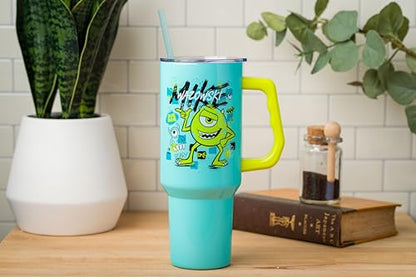 Silver Buffalo Disney Pixar Monsters Inc. Double Walled Stainless Steel Tumbler with Handle Featuring Mike Wazowski, Fits in Standard Cup Holder, 40 Ounces - color: Monsters Inc Mike Wazowski