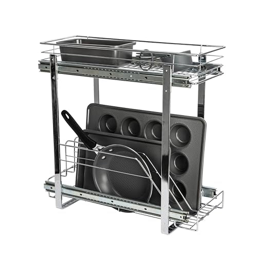 Household Essentials Glidez Multipurpose Chrome-Plated Steel Pull-Out/Slide-Out Dual-Sliding Storage Organizer for Cookware and Bakeware - 2-Tier Design - Fits Standard Size Cabinet or Shelf, Chrome - size: 9" - Extended, style: Dual Slide