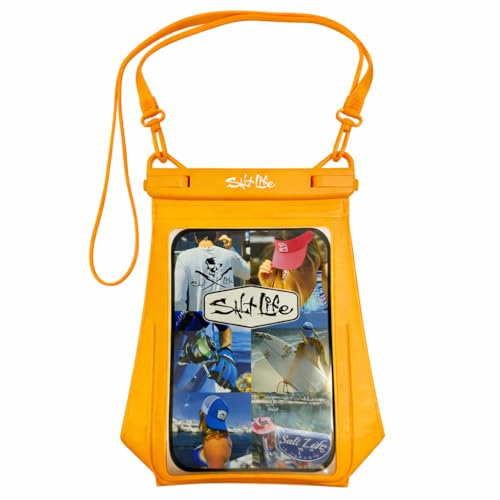 Salt Life Large Waterproof Phone Pouch Bag – IPX8 100% Waterproof Protection, Extra Storage Phone Dry Bag with Touchscreen Clear Window, Secure Seal Closure & Lanyard for Beach & Water Sports - color: Orange
