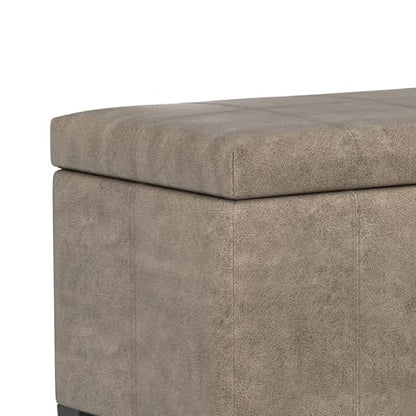 SIMPLIHOME Dover Storage Ottoman Bench - 36 inch Wide Upholstered Vegan Leather Rectangular Lift-Top Ottoman in Distressed Smoky Grey Brown, Contemporary Bench for Living Room with Safety Hinges - color: Distressed Smoky Grey Brown
