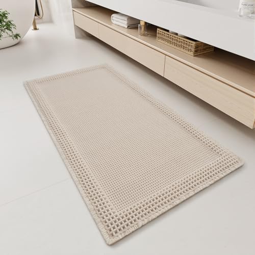 RESARE Waffle Bathroom Runner Rugs, Super Absorbent Bath Mat Non Slip Washable Quick Dry, Upgraded Ultra Soft Boho Bath Rugs with Tassels, Farmhouse Home Decor Accessories, 2'x4'(24"x48") Pale Beige - color: Pale Beige, size: 2' X 4'