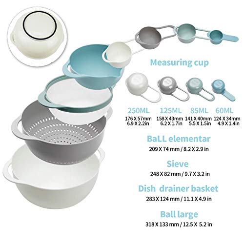 13 Pcs Mixing Bowls Set, RV Camping Accessories Set, Apartment Kitchen Gadget Easy Storage, Inculding Measuring Cups Colander Sifter Large Bowl Whisk Scraper, Great for Cooking and Baking, No BPA - color: Light Blue-1
