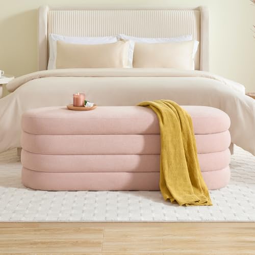 Busaurus Storage Ottoman Bench 49.2 Inch Upholstered Fabric Storage Bench for Bedroom End of Bed Aesthetic Large Oval Ottoman for Living Room Entryway (Pink) - color: Pink